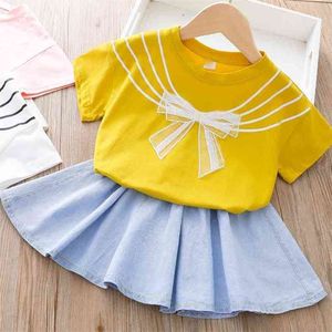Fashion Kids Girls Clothes Set Bowknot Shirt and Jeans Skirt Fashion Casual Toddler Girl Clothes Set Kids Outfits Clothing 210715
