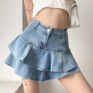 Kjolar Kvinnor Ruffles Denim Skirt Hög midja Blå Jean Sweet Mini Koreansk stil Mujer Faldas Lolita Solid kläder