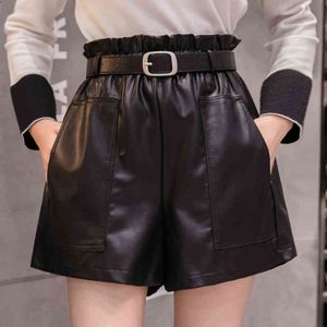 Damen-Shorts mit hoher Taille, Kordelzug, Schärpen, Taschen, solides PU-Leder, weit geschnittene Shorts, A-Linie, Knopf 6312 50 210415