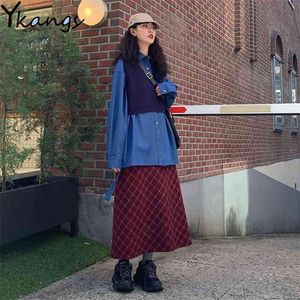 Vintage Fashion contrast suit Sweater Vest+Blue shirt+Plaid pleated skirt Women 3pcs Set loose Long Shirt Streetwear Students 210421