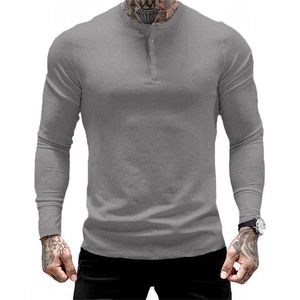 Yemeke Mäns Knapp Krage Långärmad O-Neck Wear Cotton Slim Shirt T-tröja Mode Gym Övning Andningsbara Sportkläder 210714