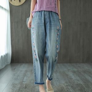 Johnature Loose Retro Embroidery All-match Elastic Waist Denim Harem Pants Autumn Women Fashion Ankle-length Pants 210521