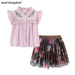 Mudkingdom Boutique Girls Autfits Ruffle Bluzka i Floral Spódnica Zestaw Dzieci Ubrania Pink Tops Suit Big Girl 2PCS 210615