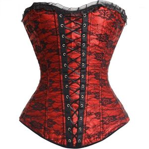 Bustiers Corsetsゴシックオーバーバスト女性バーレスクの花プリントレースアップコルセットビスティエトップスプラスサイズのKorseblack Red Purple