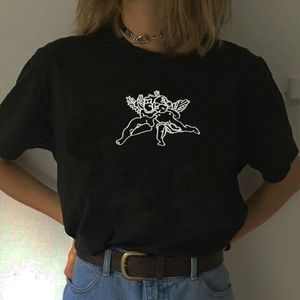 Two Angel Graphic Tee Tumblr Ulzzang Oversized Tee Kawaii Cute Black Cool Geunge Unisex Women Tee T-Shirt Short Sleeves 210518