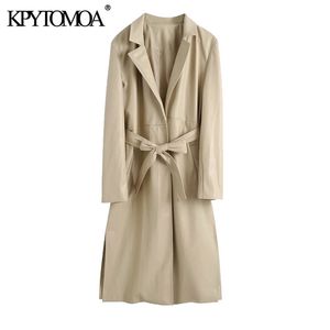 Mulheres Moda Com Cinto Faux Leather Trench Revestimento Longo Manga Lateral Feminino Outerwear CHIC Tops 210420