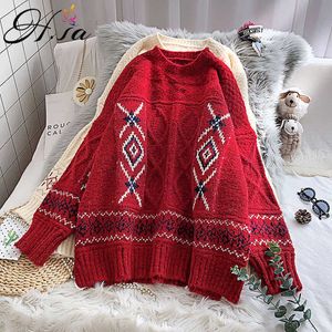 H.SA Estilo Coreano Mulheres Vintage Sweater e Cardigans Longo Pull Jumpers Grosso Cashmere Snowflake Christmas Beathers Topo 210716