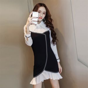 Spring Autumn Women's Dress Korean Style Sexy Stitching Long-sleeved Retro Slim Waist Short Female es GX708 210507