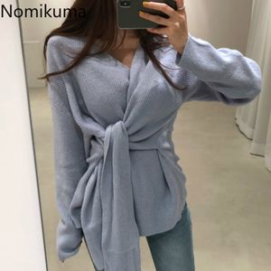 Nomikuma V Neck Långärmad Bandage Lace Up Sweater Kvinnor Solid Färg Elegant Knitwear Höst Koreansk Chic Cardigan 3D136 210514