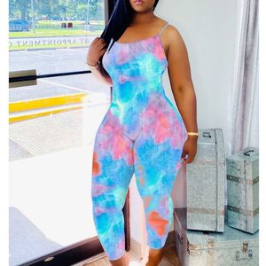 Kvinnor Sexiga Jumpsuits Tie Dyed Spaghetti Strap Bodycon Clubwear Night Fashion Elastic Plus Size Afrikanska kvinnliga Romper Playsuits 210416