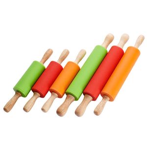Smooth Silicone Rolling Pin Wooden Handle Pizza Fondant Cake Non Stick Rolling Pin Bakery Rolo De Massa Kitchen Gadget DG50RP 211008