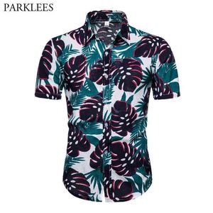 Leaf Print Men Short Sleeve Shirt Fashion Cotton Button Up Shirt for Mens Beach Holiday Hawaiian Shirt Camisas Para Hombre 210524