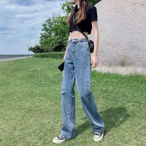 Dames Losse Hoge Taille Vintage Wijde Pijpen Verstelbare Taille Vrouwelijke Eenvoud Jean Mode Match Vrouw Harajuku Jeans Broek Q0801