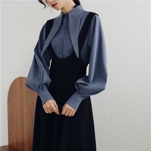 Fashion Retro French Style Dress Women Shirt and Strap Dress Two Piece Set Puff Sleeve Blouse and High Waist Slim Outfits f2859 210730