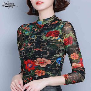 Fashion Autumn Clothes Long Sleeve Turtleneck Floral Blouse Women Casual Slim Print Female Skirt Blusas Mujer 7508 50 210518