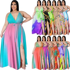 Designer Damen Kleidung 2021 Kleid Bohemian Maxi lange Ärmel tiefes V offener Rücken Split Farbverlauf Blumen Damen Modelle L~5XL