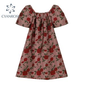 Sexy Floral Print Slash Neck Długość Kolana Dress Kobiety Lato Nowa Moda Puff Krótki Rękaw Frcoks Streetwear Off Ramię Vestido 210417