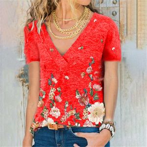 Mulheres de verão V-pescoço solto blusa de impressão moda cor sólida crisântemo casual t-shirt com decote Cruz tops e blusas 210608