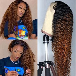 Longo Ombre Marrom Curly Curly Sintetic Front Wig Perucas de Calor Resistente ao Calor Perucas de Cabelo Natural para Mulheres Negras Densidade 180