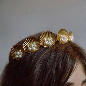 Acessórios para o cabelo Sea Shell Simulado Pearl Crown Headband Metal Gold Bohemian Tiara Headwear Feminino Festa Feriado Casamento