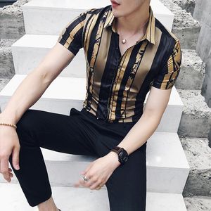 Mens Dress Shirts Gold Black Shirt 2021 Summer Short Sleeve Prom Party Stylish Slim for Men