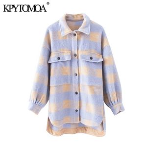 KPYTOMOA Kvinnor Fashion Overhirts Oversized Checked Woolen Jacket Coat Vintage Pocket Asymmetric Kvinna Ytterkläder Chic Toppar 211014