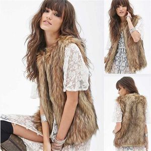 Elegant Faux Fur Vest Coat Kvinnor Höst Vinter Ärmlös Varm Raccoon Dog Kvinna Overcoat Casual Imitation Fur Coat 211220