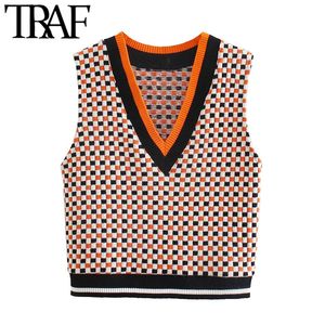 Traf Women Fashion Jacquard Check Croped Sticked Vest Sweater Vintage V Neck Sleeveless Female Waistcoat Chic Tops 210415