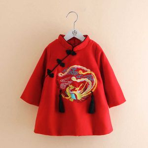 Mädchen Rot Cheongsam Winter 2-9 10 Jahre Jahr Stickerei Verdickung Kinder Baby Mädchen Traditionelle Chinesische Stil Tang Kleid 210529