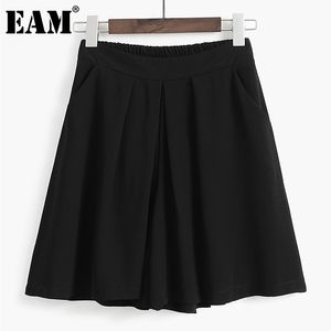 [EAM] Svart hög elastisk midja bredben byxor lös passform knä längd byxor kvinnor mode vår sommar 1dd8199 210512