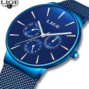 Relojes Ligeブルーウォッチメンズウォッチトップブランドラグジュアリークロック男カジュアル超薄膜メッシュベルト防水クォーツ腕時計210527