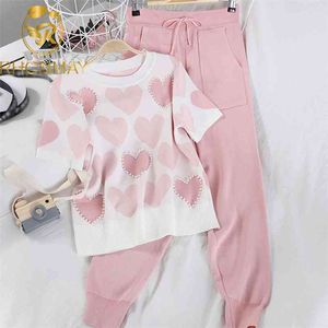 2 Piece Sets Womens Knit Outfits Love Heart Short Sleeve O-neck Tops+ Lace Up Waist Ankle Harem Pants Two Set 210506