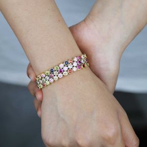 New Fashion Adjustable Colorful Rainbow Cubic Zirconia Cz Round Charm Link Chain Bracelets Women Girl Bohemia Party Gift Jewelry Q0719