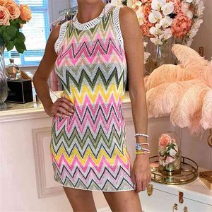 Summer Knit Rainbow Striped Women's Mini Dress Sleeveless Hollow Out Patchwork Dresses Fashion Casual Lady Clothes 210623