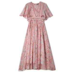 Pink Light Green Floral Print Chiffon Lace Edge Empire Dress V Neck Elegant Women Beach Summer D1571 210514