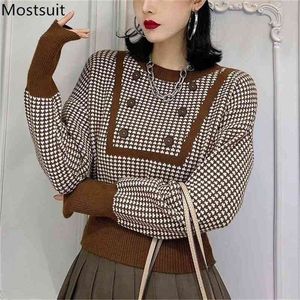 Korean Plaid Knitted Short Pullover Tops Autumn Winter Long Sleeve O-neck Buttons Vintage Fashion Sweater Jumpers Femme 210513