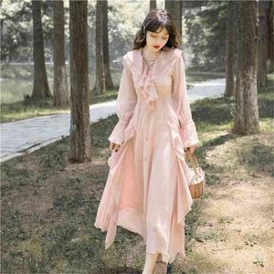 Pink Chiffon Maxi Women Dress V-neck Summer Long Elegant Vestidos De Fiesta Ankle-Length Full Sleeve Ruffles 210603