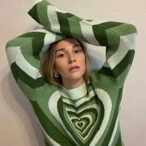 Y2K Green Heart Striped Turtleneck Sweater 2021 Winter Sweet Knit Long Sleeve Crop Sweater Pullovers Crop Top Aesthetic Sweater G1008