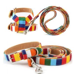 Moda Rainbow Stripes Dog Collars Smyczy Ustaw regulowany Trwałe Colorfast Nadaje się do małych średnich dużych psów Rozmiar Extra S 8 