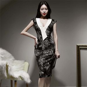 Sexy V-Neck Bez rękawów Bodycon Płaszcza Sukienka Koreański Office Ol Print Slim Formal Party 210519