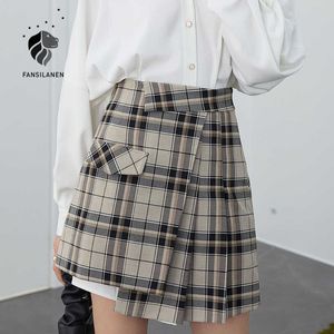 Fansilanen xadrez sexy plissada curta curta saia de uma linha de retalhos de faixa de retalhos de alta cintura alta primavera verão vintage bonito 210607