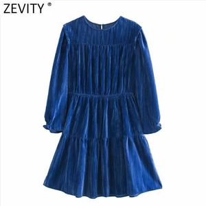 Zevity Women Fashion O Neck Solid Pleats Velvet Mini Dress Female Nine Quarter Sleeve Casual Slim A Line Vestido DS4796 210603