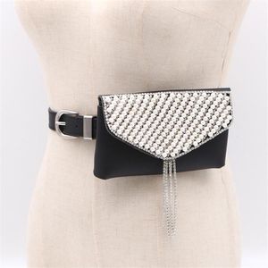 Cinture moda perla strass intarsiato tasca nera donna lusso versatile nappa borsa per cellulare cintura femminile
