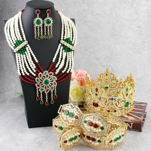 Sunspicems Gorgeous Gold Color Morocco Wedding Jewelry Sets Big Crown Tiaras Waist Belt Beaded Earring Necklace Bridal Gift 2021 H1022