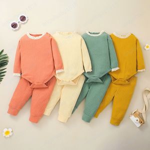 2pieces spädbarn baby casual kostym set spets trim o-neck långärmad romer + byxor för barn toddler nyfödda höst kläder set