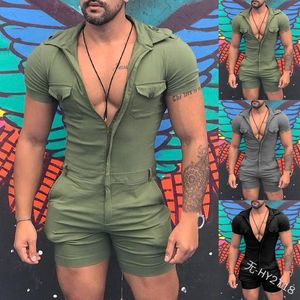 Slim Solid Men Set Bodysuit Zipper Hip Hop ShortsShort Sleeve Mens Set Casual Men Kläder Tooling Style Streetwear 210524