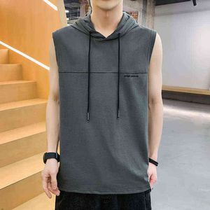 Browon Lato Moda Tank Top Nowy Casual Czyste Bawełna Mężczyźni Kamizelka Odzieżowa Solidna Kolor Z Kapturem Bez Rękawów Haftowane Zbiornik Sport Topy H1218