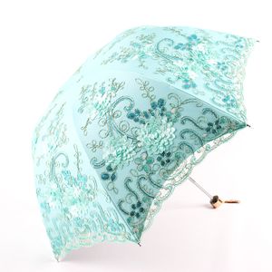 Noble Princess Broderad Manuell Tre Fällande Kvinna Parasol Transparent Lace UV Mini Pocket Paraply Regn