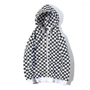 Erkek Hoodies Tişörtü 2021 KPOP Siyah Beyaz Checkerboard Ekose Kadınlar Fermuar Hoodie Kazak Harajuku Streetwear Erkekler Büyük Boy Polar