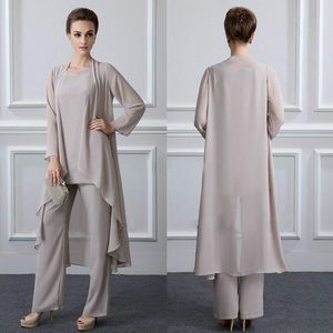 Chic Spring Chiffon mother of the bride pant suits Piece Casual Groom Mother Gowns With Coat Jacket And Trousers For Wedding Guest